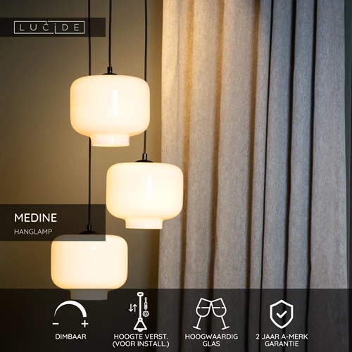 Lucide MEDINE - Hanglamp - Ø 46 cm - 3xE27 - Opaal - USP